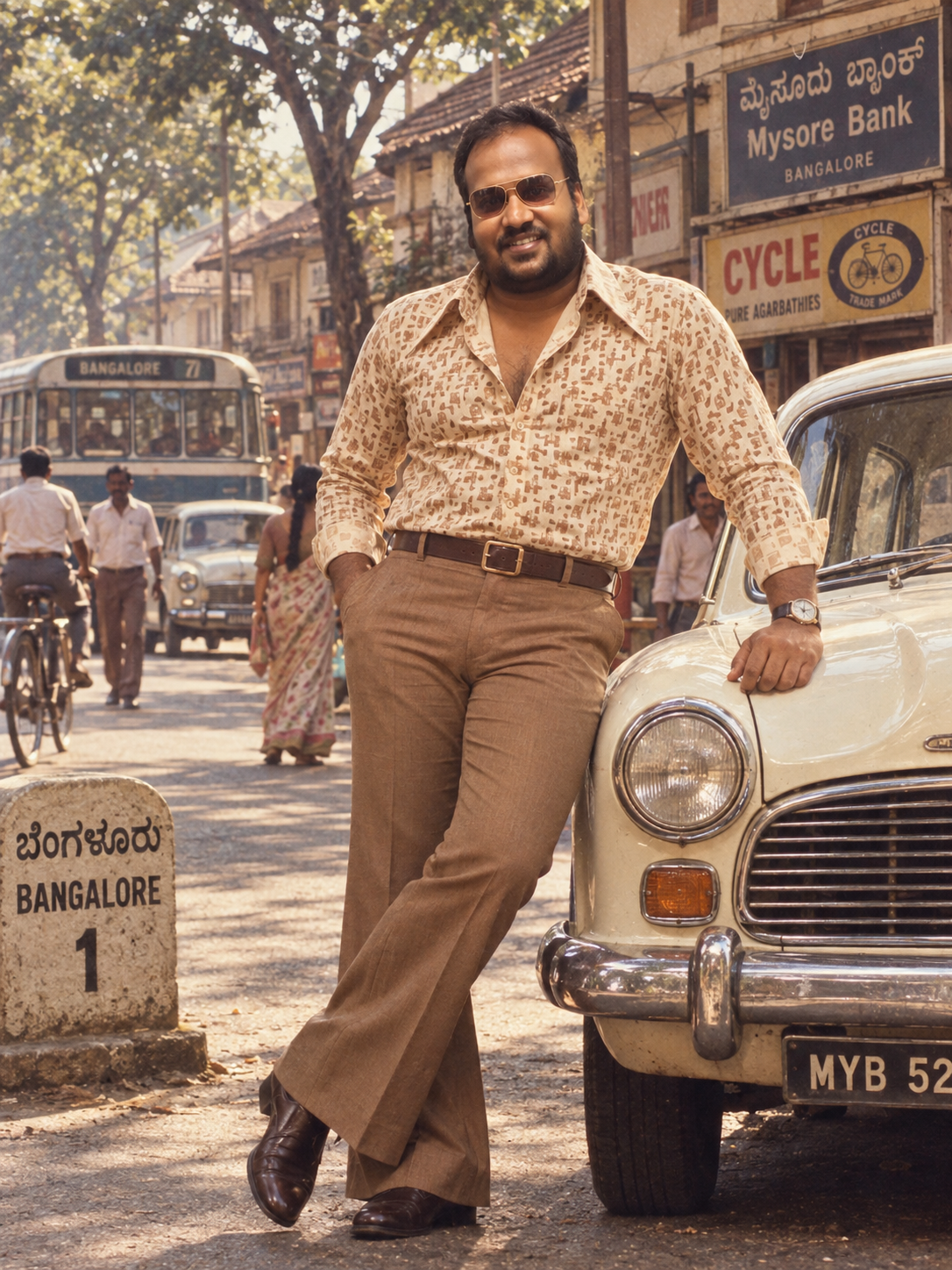 1974 Bangalore, India cinematic movie still featuring a stylish Indian man.