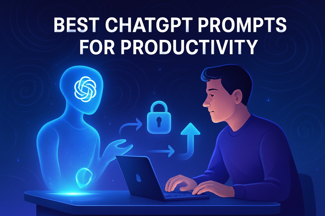 Futuristic workspace with a glowing ChatGPT hologram, lock icons, spirals, and arrows symbolizing AI-enhanced focus and productivity.