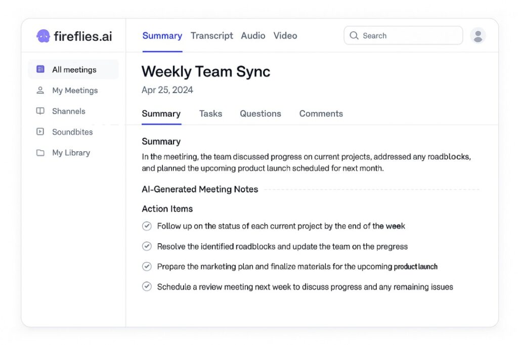 Fireflies.ai-meeting-transcription-summary-highlighting-action-items-and-searchable-insights
