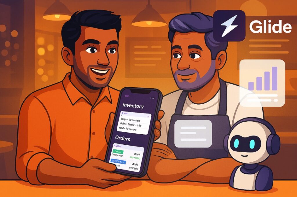 ai-monetization-indian-entrepreneur-showing-glide-app-to-local-cafe-owner-for-inventory-and-orders